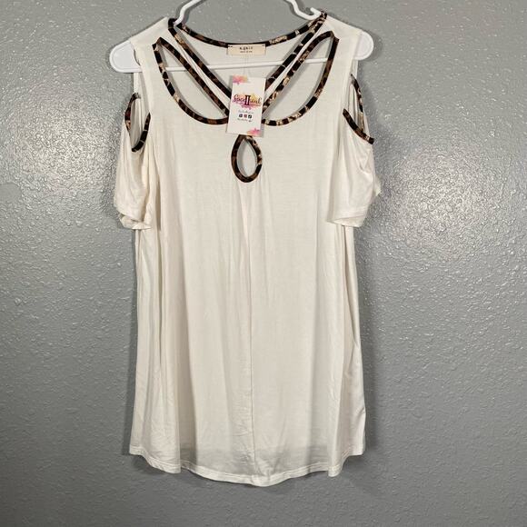 White Cheetah Print Medium Strappy Cut Out Top Cold Shoulder Short Sleeve - Picture 9 of 9